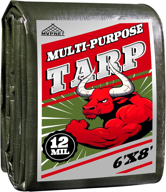 Green/Silver Heavy Duty Waterproof Tarp 6x8FT, 12mil Thick，Multifunctional tarp Whit Tear&Fade
