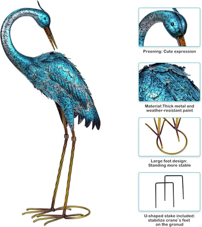 Kircust Garden Sculpture & Statues, Blue Heron Lawn Ornaments Standing Metal Crane Yard Art Large Size Bird Decoy for Outdoor Lawn Backyard Porch Patio Decoration, Set of 2