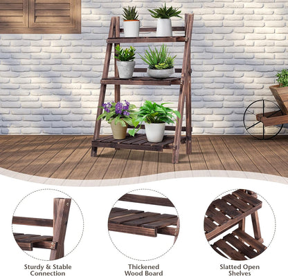 Giantex 3 Tier Folding Wooden Plant Stand, Indoor Flower Pot Holder Display Rack, Free Installation Corner Plants Storage Shelf, Foldable Rustic Wood Ladder Shelf for Home Patio Balcony Garden