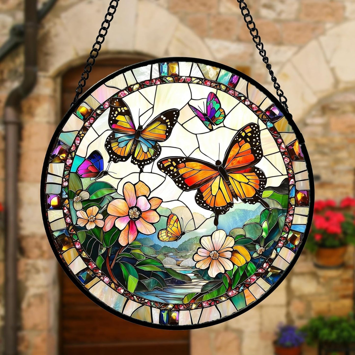Stained Glass Window Hanging, Butterflies Flying in The Sky Suncatcher for Doors Home Sun Catchers Decoration and Christmas, Mother's Day Birthday Gifts for Women, Men, and Mom 14.9x14.9 in