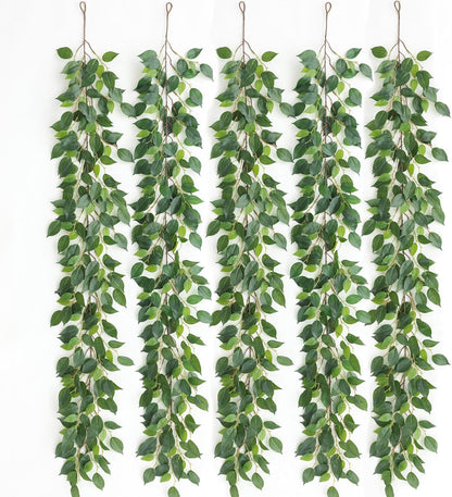 mizii 5 Packs 390" Artificial Vines Ficus Garland Fake Vine Silk Green Leaves Faux Plants Greenery Decoration for Bedroom Room Wall Party Table Centerpieces Wedding Arch Decor