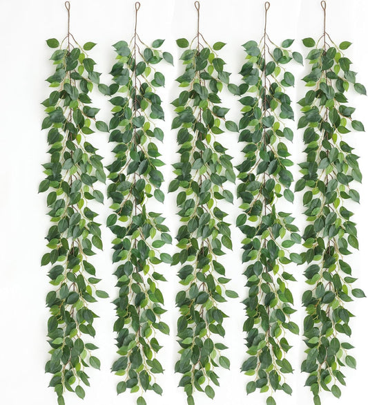 mizii 5 Packs 390" Artificial Vines Ficus Garland Fake Vine Silk Green Leaves Faux Plants Greenery