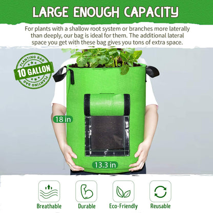 SCENGCLOS 6 Pack 10 Gallon Grow Bags, Sealed Window Planter Bags, Breathable Thickened Non-Woven Fabric Plant Pots with Access Flap, Garden Planting Bags for Grow Potato,Tomato,Carrot