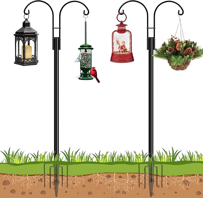 Ottsuls Bird Feeder Pole, 2 Pack 76 INCH Double Shepherds Hooks for Outdoor, Garden Pole with 5 Base Prongs Heavy Duty Planter Hooks for Hanging Plant Baskets, Lantern, Hummingbird Feeder