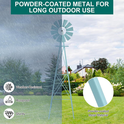 8FT Windmill for Yard Garden Decoration with Weather Vanes，Heavy Duty Outdoor Wind Mills, Large Metal Outdoor Windmill,Weather Resistant,Blue