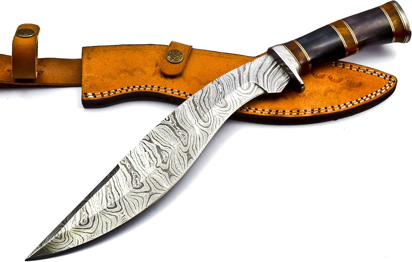 Nooraki - 15-inch | Handmade Damascus Steel Heavy Duty Kukri Knife Sharp Blade, With Leather Sheath | Ideal for Hunting, Bushcraft, Survival, Chopping, Camping, Outdoor Gift for Men Women - KK155