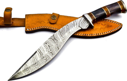 Nooraki - 15-inch | Handmade Damascus Steel Heavy Duty Kukri Knife Sharp Blade, With Leather Sheath | Ideal for Hunting, Bushcraft, Survival, Chopping, Camping, Outdoor Gift for Men Women - KK155