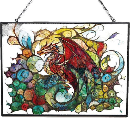 Rectangle Blood Dragon Stained Glass Window Hanging Sun Catcher Halloween Haning Ornament