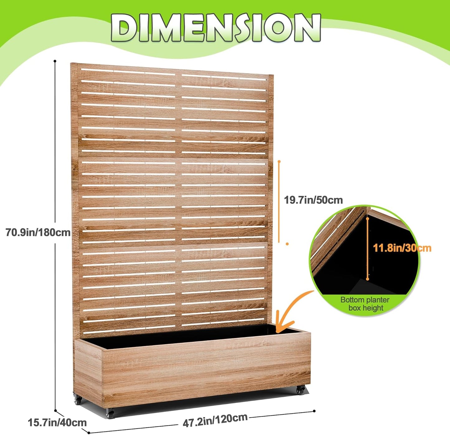 15.7"×70.9"×47.2" Metal Raised Garden Bed with Trellis and Wheels - Tall Trellis Planter Box for Climbing Plants, Vegetables & Vines - Outdoor Privacy Planters for Patio (Cut Oak Grain)