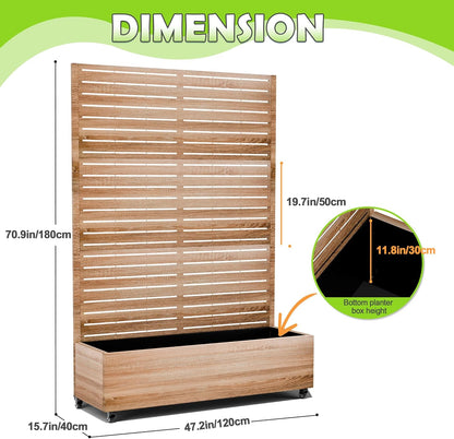 15.7"×70.9"×47.2" Metal Raised Garden Bed with Trellis and Wheels - Tall Trellis Planter Box for Climbing Plants, Vegetables & Vines - Outdoor Privacy Planters for Patio (Cut Oak Grain)