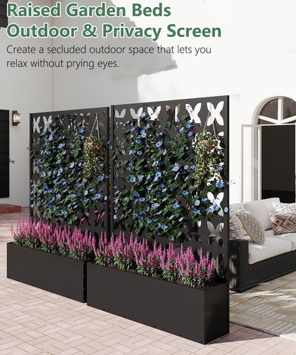 2PCS Metal Planter Box with Trellis,70.9"x47.2"x15.7" Raised Garden Bed with Drainage Holes, Privacy Planters for Outdoor Garden Bed for Climbing Plants,Vegetables,and Vines, Black-X