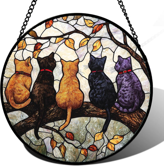 Stained Glass Window Hanging - 5 Cats on a Branch Suncatcher for Window Doors Home Decoration and