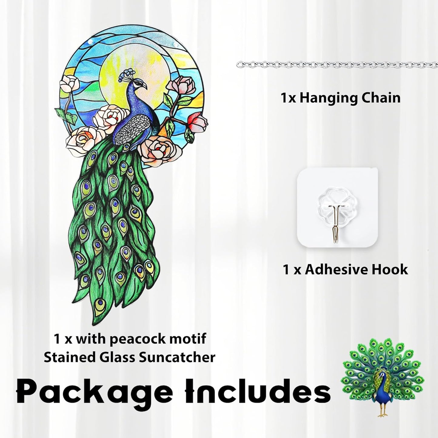 Stained Glass Suncatchers for Windows, Hanging Sun Catchers Indoor Window, Suncatchers for Porch & Garden Unique Peacock-Themed 12''x6''(uv Printed)