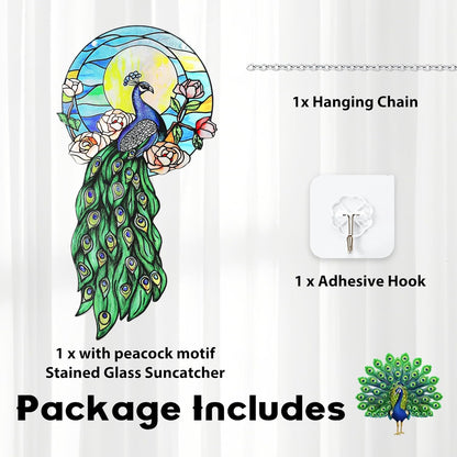 Stained Glass Suncatchers for Windows, Hanging Sun Catchers Indoor Window, Suncatchers for Porch & Garden Unique Peacock-Themed 12''x6''(uv Printed)