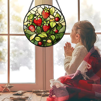 Stained Glass Window Hanging - Red Strawberry Suncatcher for Doors Window Home Green Plant Sun Catchers Decor Christmas Mother's Day Birthday Gifts for Teacher Women Men Mom Nana 9.8 in