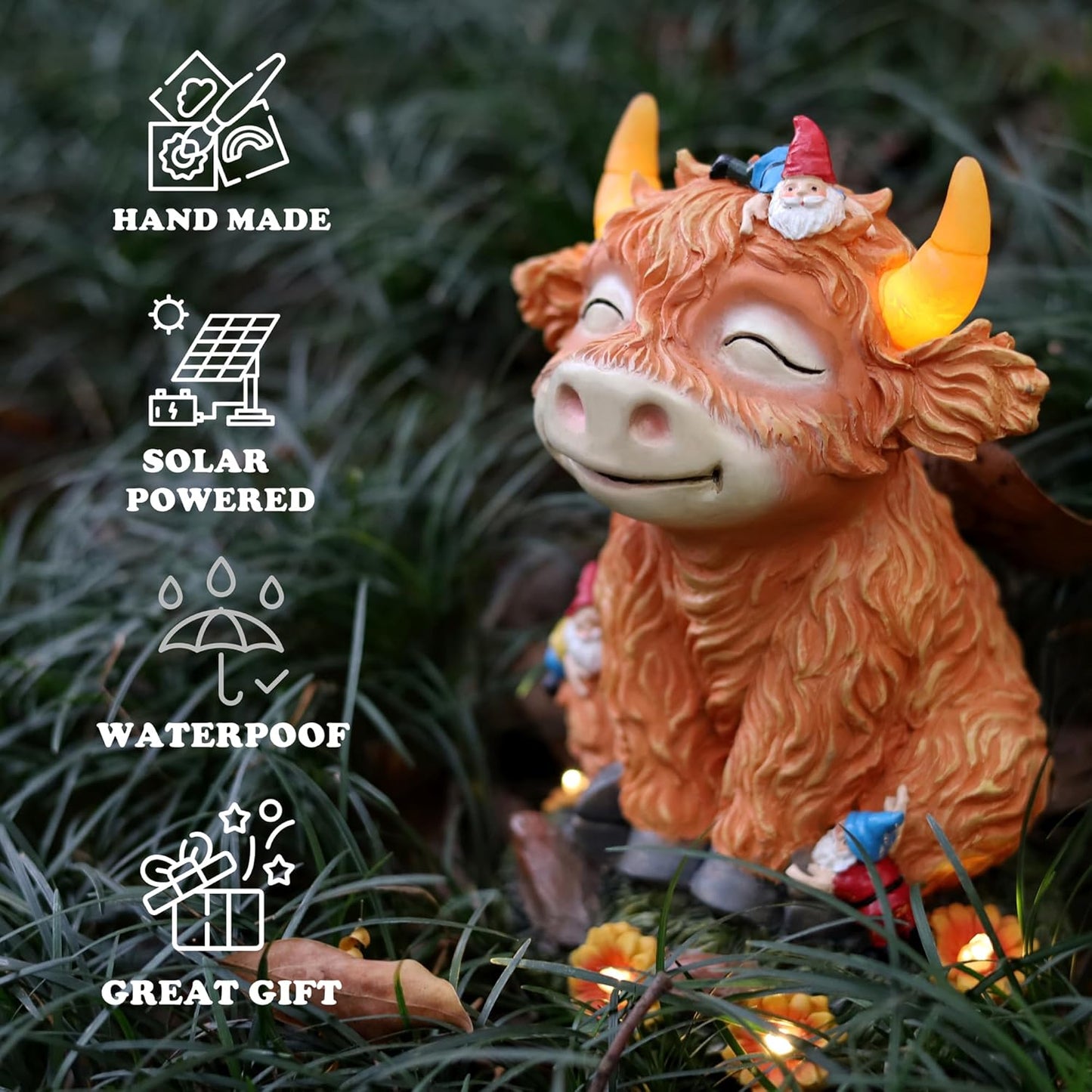 Solar Garden Statue Highland Cow Figurine with Funny Gnomes Garden Outdoor Decor for Yard Patio Lawn Christmas Housewarming Gifts for Women,Mom,Grandma (Yellow)