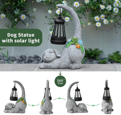 Garden Cute Dog Gnome Statue Decorations - Solar Resin Dog with Solar Garden Lights Outdoor Decorations for Patio,Yard,Lawn,