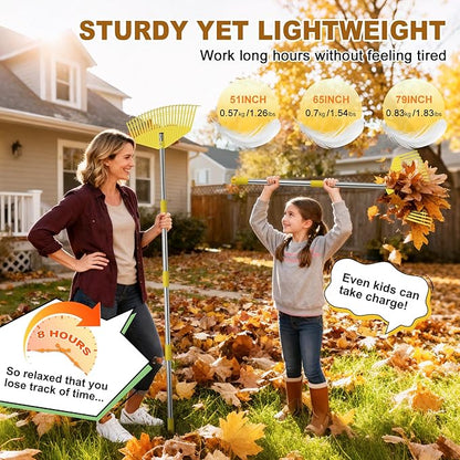 Garden Rake for Leaves - Extra Wide 18" Leaf Rake,Lightweight Long Handle for Women Seniors Kids Effortless Clean-Up,23 Non-Clog Flexible Tines for Lawn-Friendly,51” Adjustable Plastic Rakes for Yard