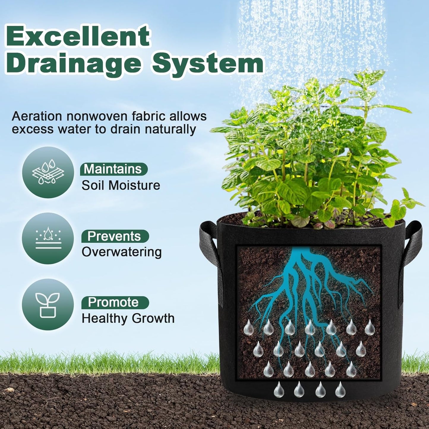 5 Pack 15 Gallon Grow Bags, Thickened Aeration Nonwoven Fabric Planting Bags with Handles, Heavy Duty 300G Garden Planter Bag for Tomato, Potato, Strawberry, Vegetable, Fruits and Flowers