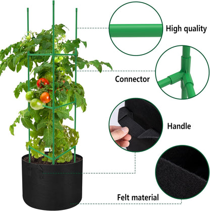 4 Packs 47 x 12 Inch Garden Tomato Cages with Grow Bags- Triangle Plant Support Trellis Assembled with Planter Bags- Garden Cucumber Vegetables Frames for Vertical Climbing Plants