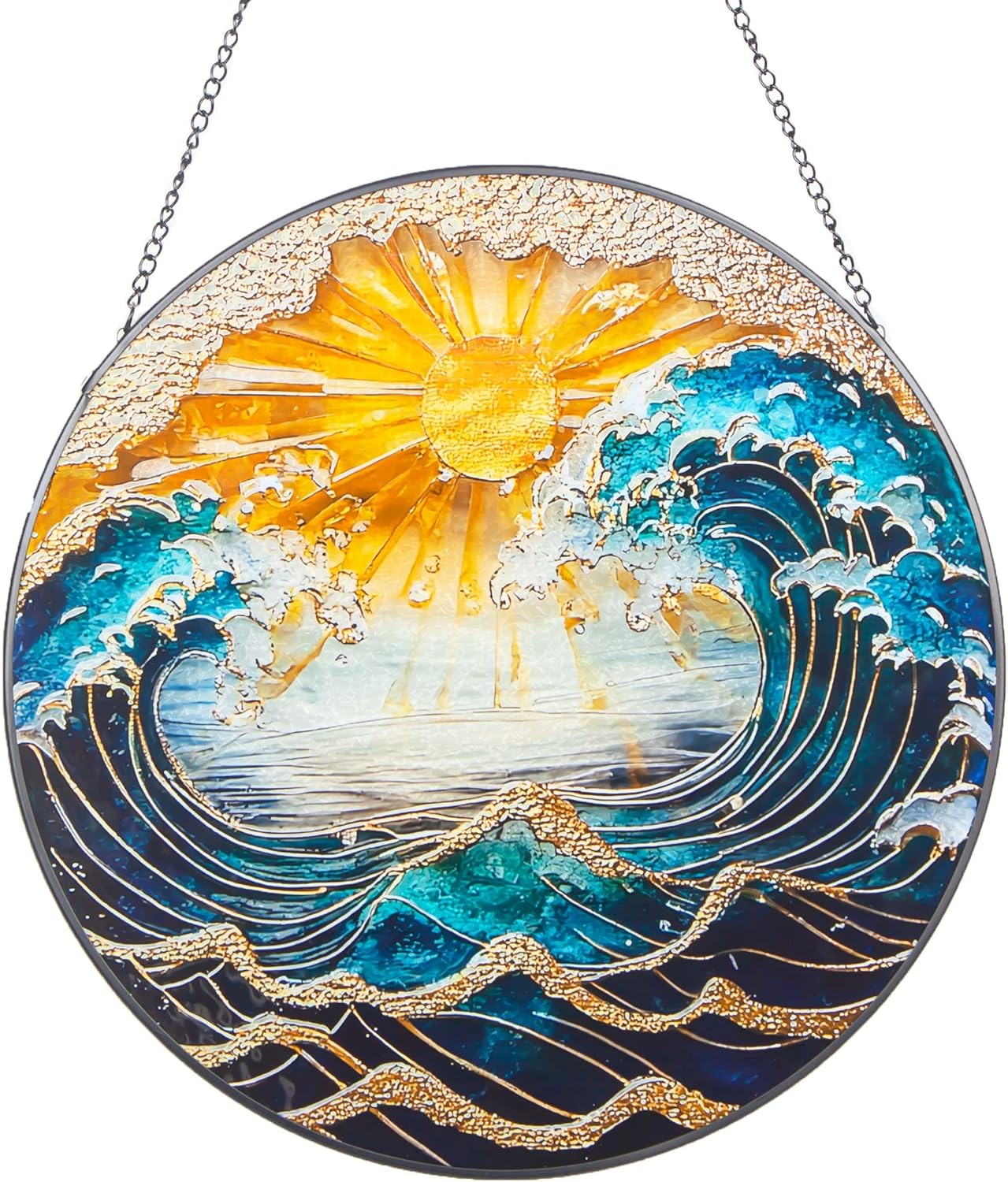 Ocean Wave Sunset Suncatcher Stained Glass Window Hanging - 10" Hand-Painted Sun Catcher Garden Hanging Decoration with Metal Chain Outdoor Garden Decor Gift for Women