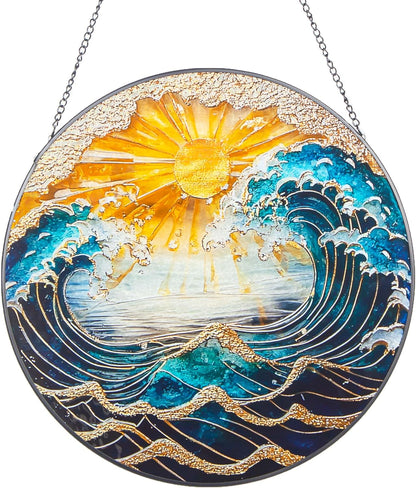 Ocean Wave Sunset Suncatcher Stained Glass Window Hanging - 10" Hand-Painted Sun Catcher Garden Hanging Decoration with Metal Chain Outdoor Garden Decor Gift for Women