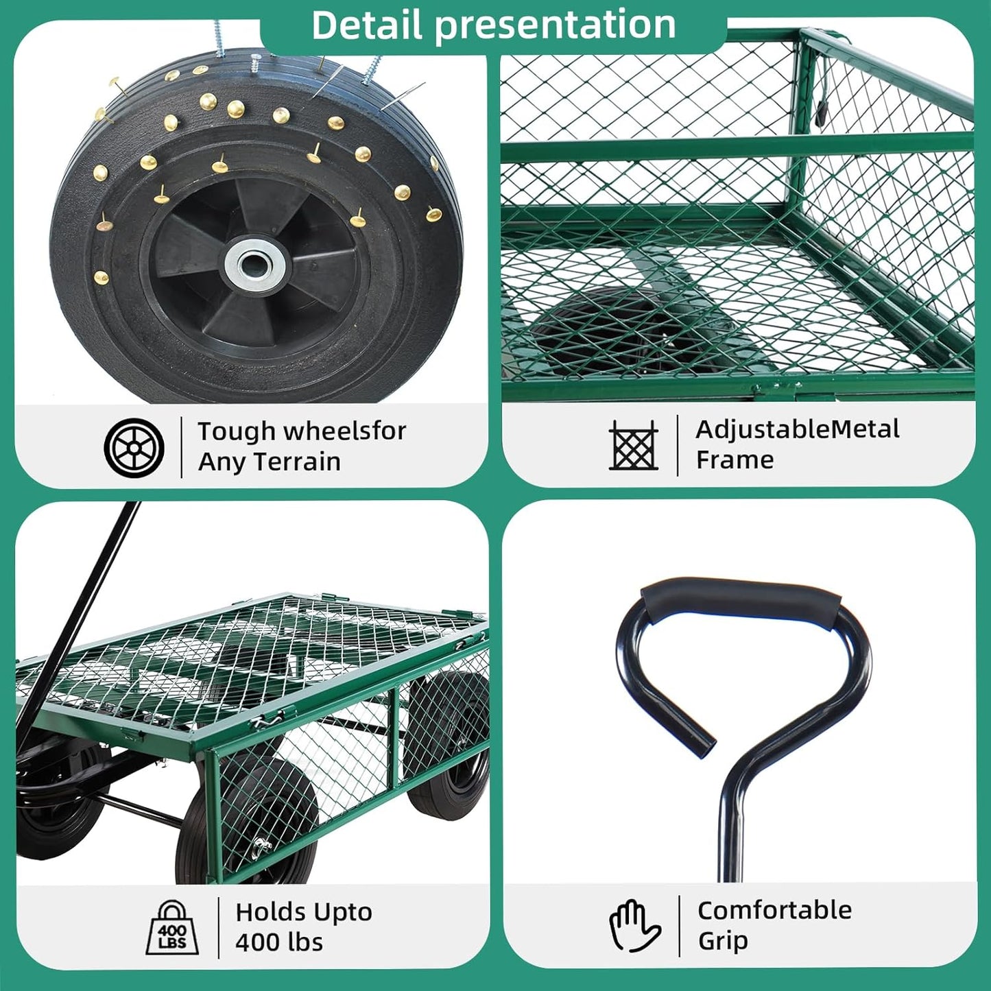 Heavy Duty 480 Lbs Capacity Mesh Steel Garden Cart Folding Utility Wagon with Removable Sides (Green)