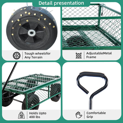 Heavy Duty 480 Lbs Capacity Mesh Steel Garden Cart Folding Utility Wagon with Removable Sides (Green)