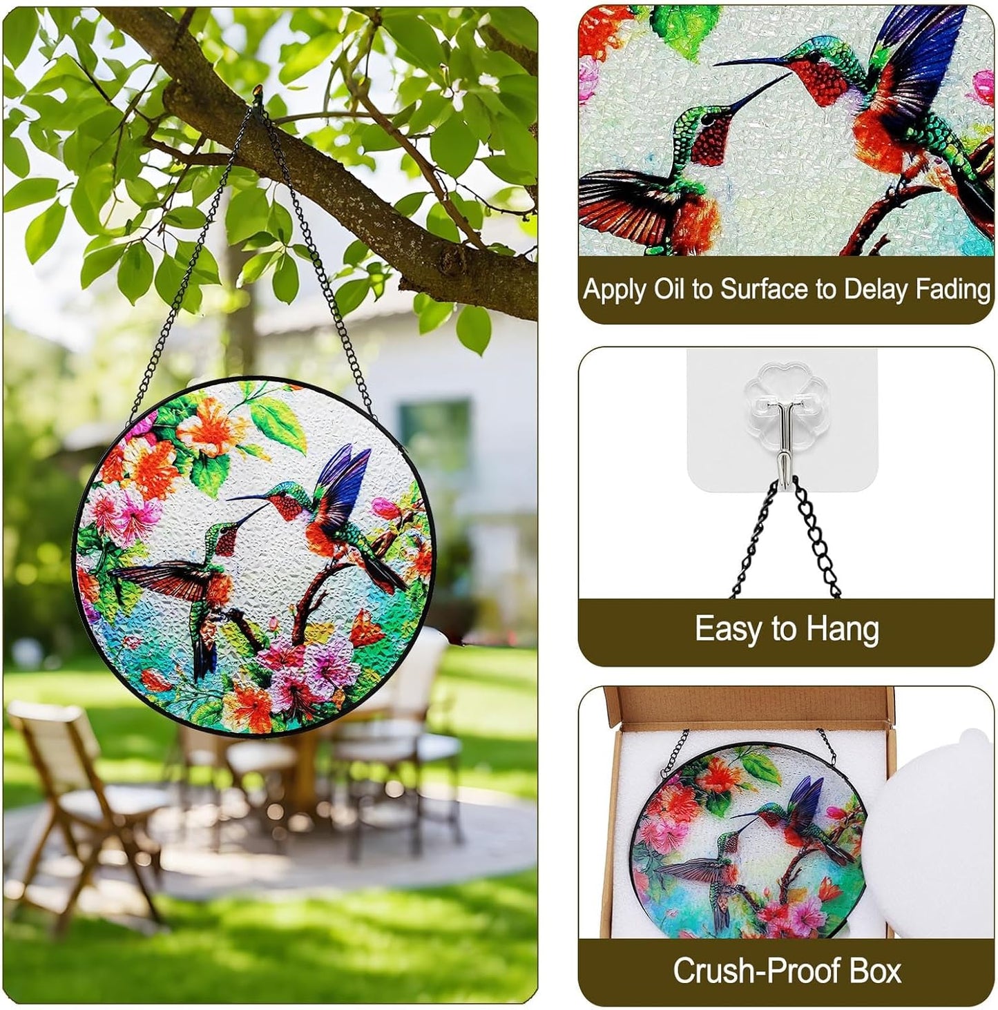 Suncatcher Hummingbird Stained Glass Window Hanging, 7.87" Round Sun Catcher for Wall & Window Decor, Vibrant Stained Glass Art Panel,Unique Ideal Housewarming Gifts for Bird Lovers