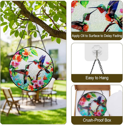 Suncatcher Hummingbird Stained Glass Window Hanging, 7.87" Round Sun Catcher for Wall & Window Decor, Vibrant Stained Glass Art Panel,Unique Ideal Housewarming Gifts for Bird Lovers