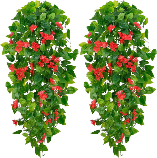 BLEUM CADE Artificial Hanging Flowers for Outdoors, 2pcs Fake Hanging Plants Pothos Vines with Red