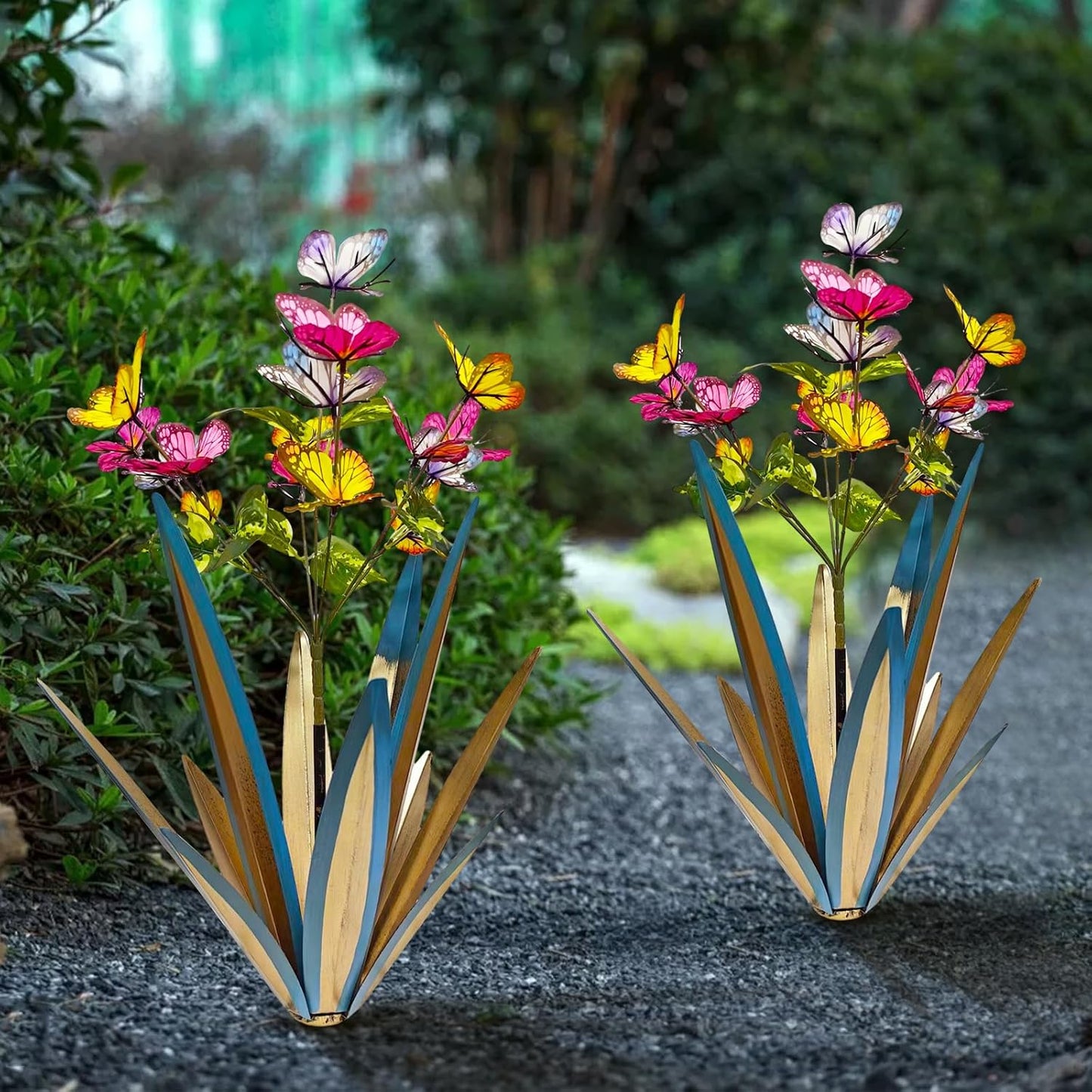 TOMBABY Garden Outdoor Butterfly Enlarge Thickened Wind Resistant Metal Agave Garden Art Metal Plant Country Sculpture Statue Decorations Ornaments Artificial Waterproof Butterflies(Blue 2pcs)
