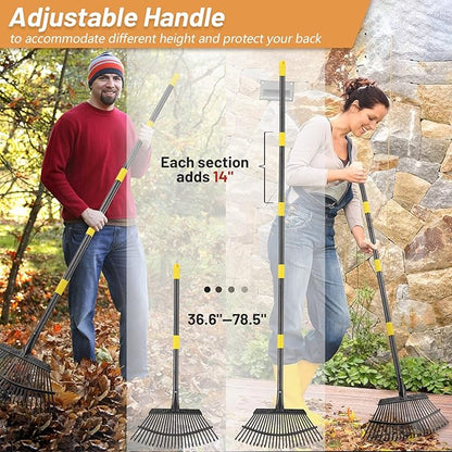 Garden Rake - Large Leaves Rakes for Gardening - 25 Metal Tines 18" Wide - 78" Long Handle Leaf Rakes for Lawns Heavy Duty for Yard Lawn Shrub Garden Beds