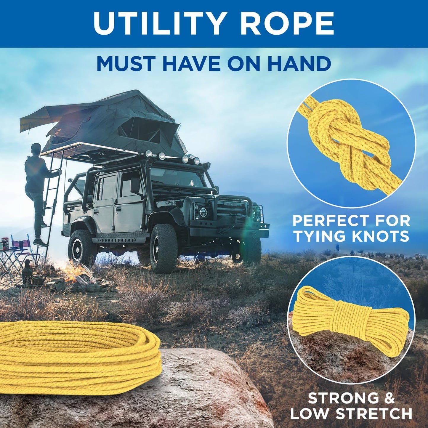 TECEUM Cotton Rope 3/16” (5 mm) – 50 FT – Strong All-Purpose Braided Rope – Natural Cotton – for Crafting, Сamping, Clothes Line, DIY, Indoor & Outdoor Use – Yellow