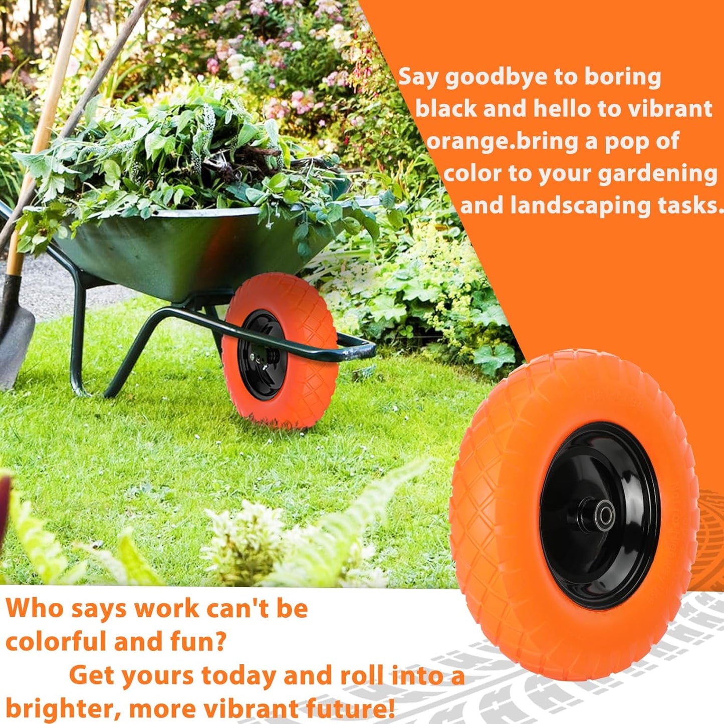 Upgraded 16" Flat Free Wheelbarrow Wheels and Tires, 4.80/4.00-8 Solid Tires with 5/8"&3/4" Bearings, Universal Fit for Wheelbarrows/Garden Trailer