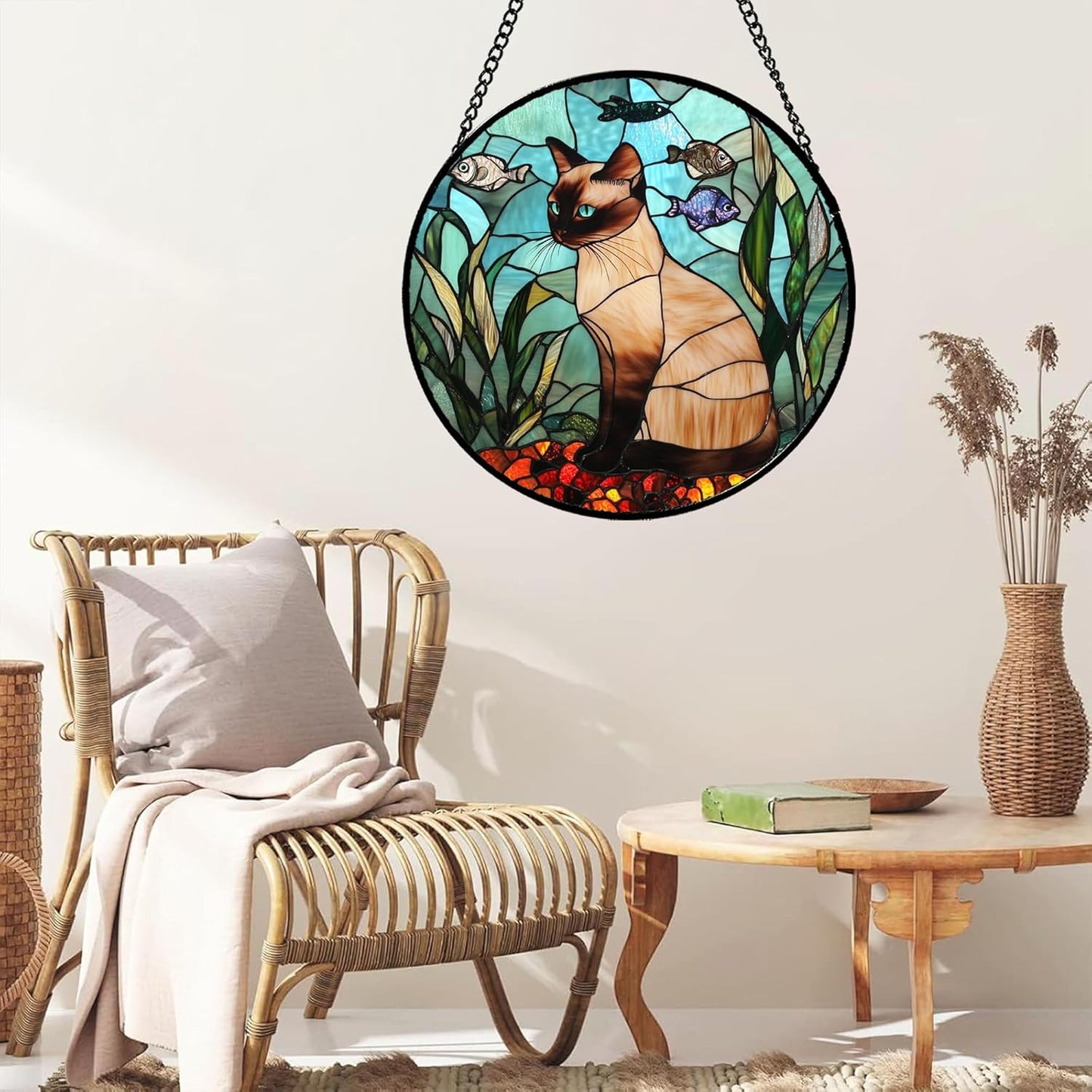 Stained Glass Window Hanging Cat Fish Plants 9.8" - Suncatcher Door Garden Sunroom Sun Catcher Home Decor Birthday Christmas for Lost Pets Cat Lovers Mom Men Woman