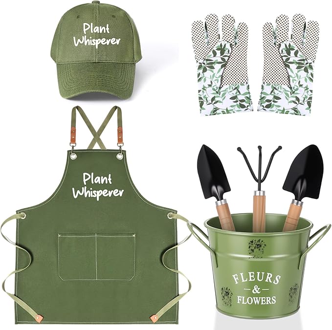 Tarpop Green Garden Tool Set Plant Whisperer Gardening Gifts for Women, 7 Piece Vegetable Planting Tool Kit with Cap Canvas Apron Green Leaf Gloves Soil Scoop Transplant Trowel Cultivator Flower Tub
