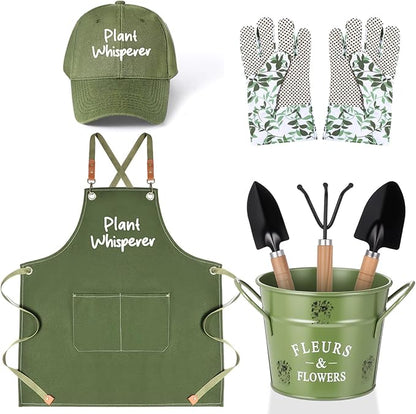 Tarpop Green Garden Tool Set Plant Whisperer Gardening Gifts for Women, 7 Piece Vegetable Planting Tool Kit with Cap Canvas Apron Green Leaf Gloves Soil Scoop Transplant Trowel Cultivator Flower Tub