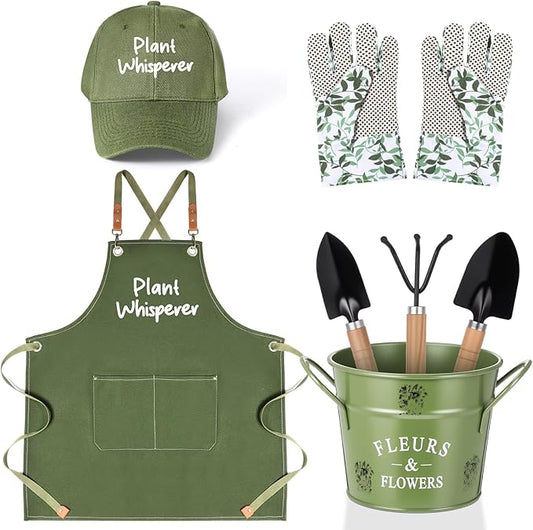 Tarpop Green Garden Tool Set Plant Whisperer Gardening Gifts for Women, 7 Piece Vegetable Planting Tool Kit with Cap Canvas Apron Green Leaf Gloves Soil Scoop Transplant Trowel Cultivator Flower Tub