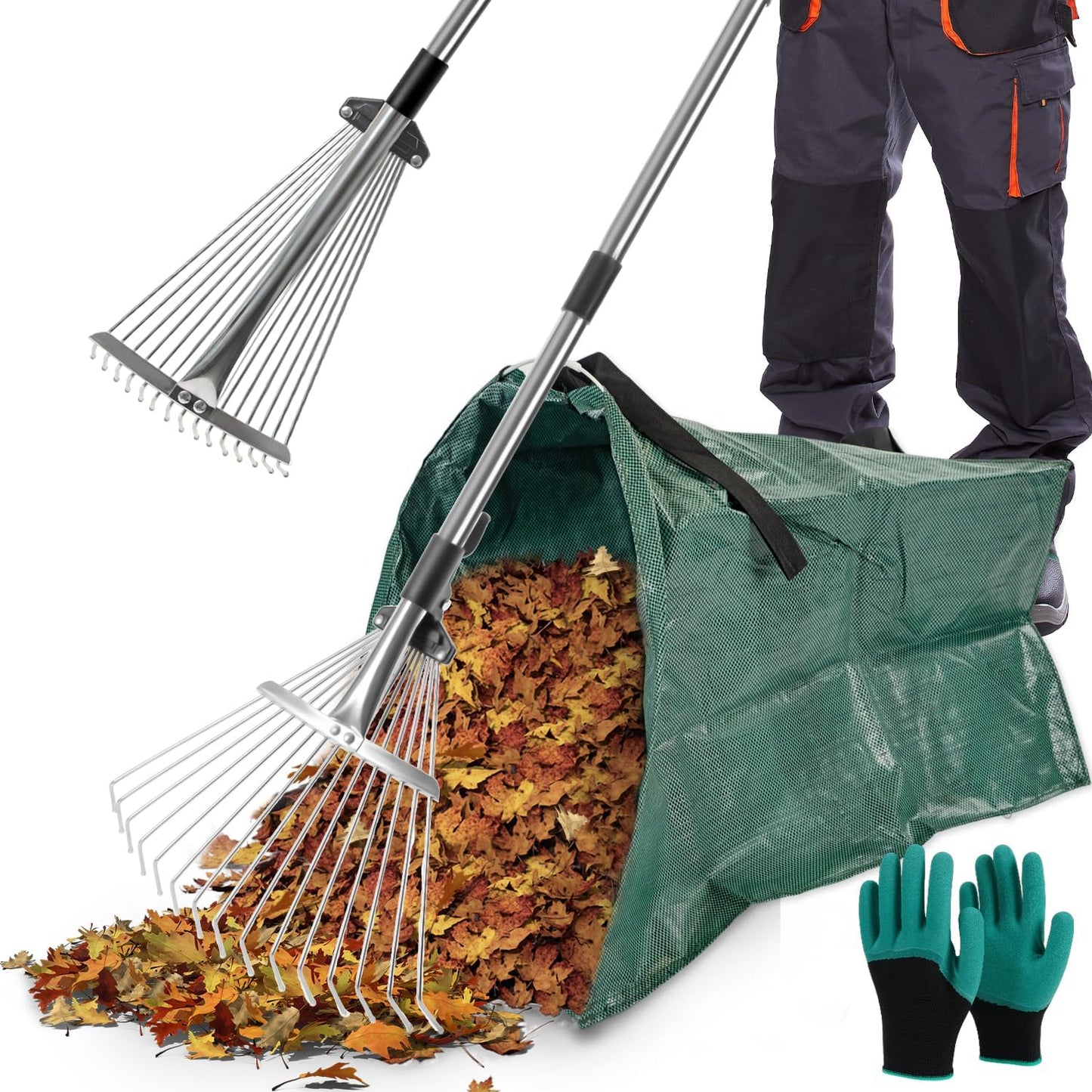 Yard Waste Bags, Leaf Dustpan, Leaves Collector, Yard Dustpan Type Garden Bag for Collecting Leaves, Garden Waste Container, with Adjustable Metal Leaf Rake Long Handle and Gloves