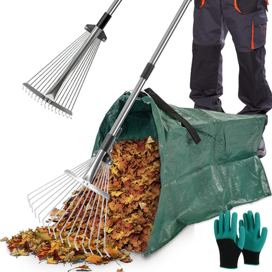 Yard Waste Bags, Leaf Dustpan, Leaves Collector, Yard Dustpan Type Garden Bag for Collecting Leaves, Garden Waste Container, with Adjustable Metal Leaf Rake Long Handle and Gloves