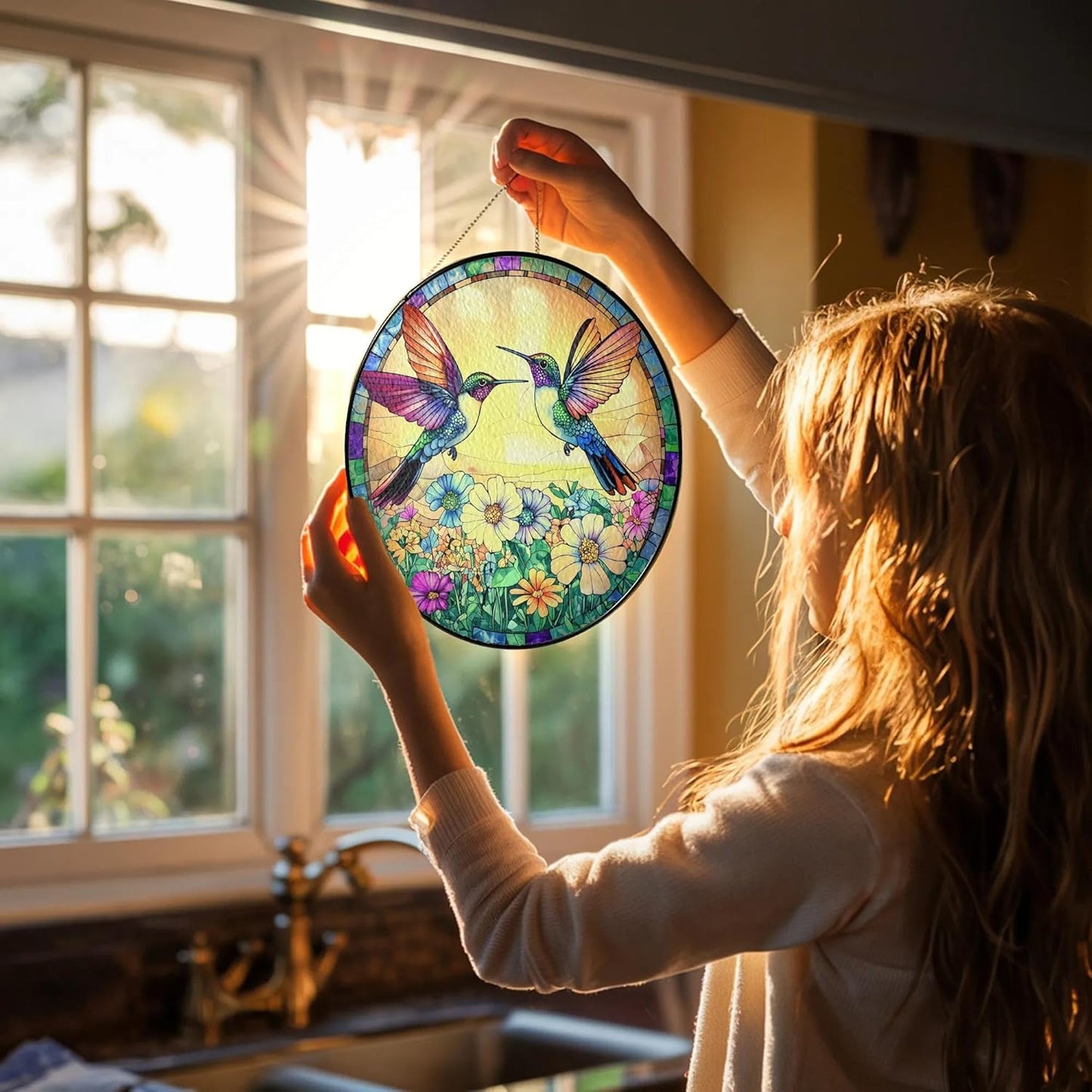 Hummingbird Suncatcher Stained Glass Window Hanging Decor, Hummingbird Gifts for Women, Birds Lovers, Spirit Birds Glass Panel Garden Decorations, Birthday Christmas for Mom, Grandma