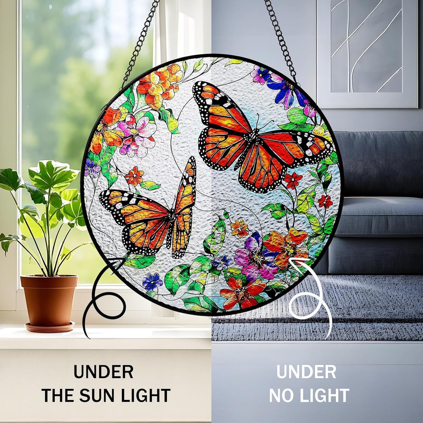 Butterfly Suncatcher Stained Glass Window Hanging - 7.87" Round Sun Catchers Indoor Window Art, Stain Glass Art Panel for Wall Decorations, Memorial Gifts for Women, Mother's Day, Garden & Home Decor