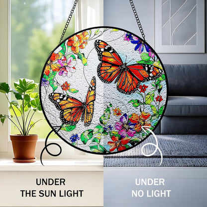 Butterfly Suncatcher Stained Glass Window Hanging - 7.87" Round Sun Catchers Indoor Window Art, Stain Glass Art Panel for Wall Decorations, Memorial Gifts for Women, Mother's Day, Garden & Home Decor