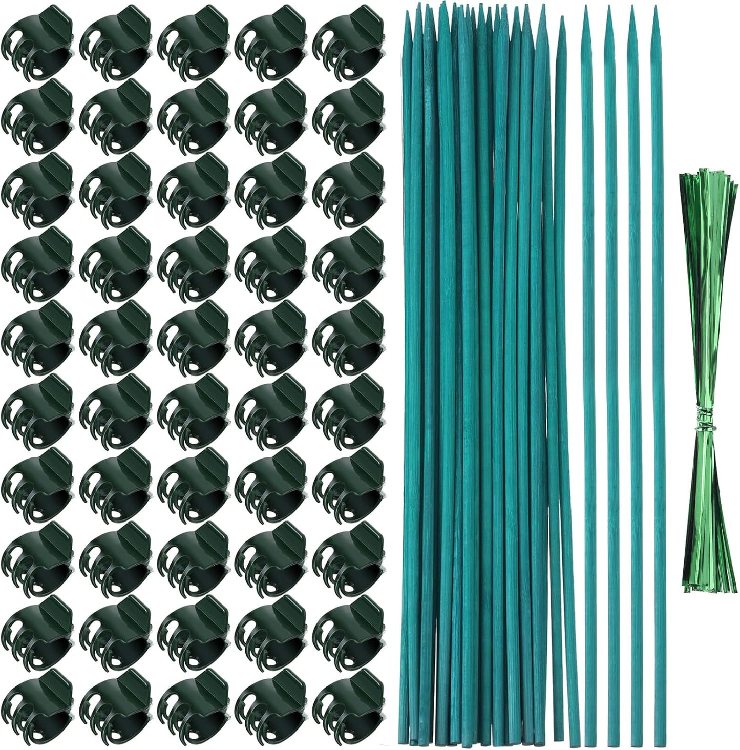 30 Pcs Plant Support Stakes Kit 15 Inch Bamboo Plant Stakes with 50 Pieces Orchid Clips Plastic Garden Plants Clips, 30 Pcs Metallic Twist Ties for Garden Supporting Stems Vines Stalks Grow Upright
