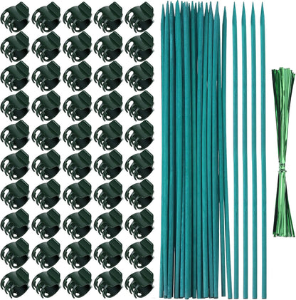 30 Pcs Plant Support Stakes Kit 15 Inch Bamboo Plant Stakes with 50 Pieces Orchid Clips Plastic Garden Plants Clips, 30 Pcs Metallic Twist Ties for Garden Supporting Stems Vines Stalks Grow Upright