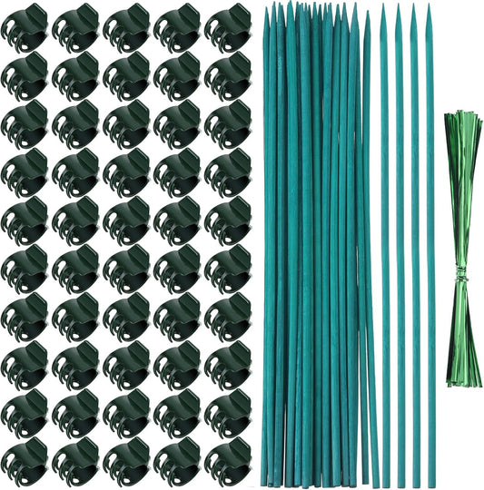 30 Pcs Plant Support Stakes Kit 15 Inch Bamboo Plant Stakes with 50 Pieces Orchid Clips Plastic Garden Plants Clips, 30 Pcs Metallic Twist Ties for Garden Supporting Stems Vines Stalks Grow Upright