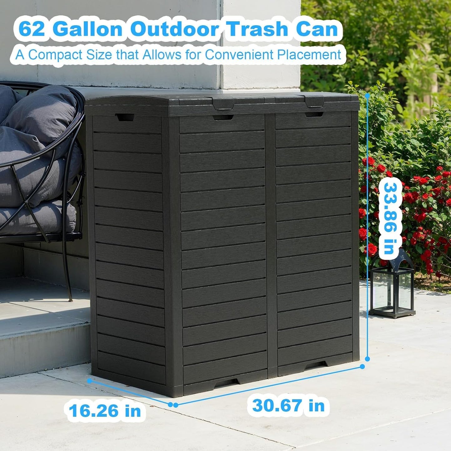 Outdoor Trash Can with Lid, Outdoor Trash Bin & Pull-Out Liquid Drawer, Dual Lid Closure Design, Waterproof Resin Garbage Can Container for Patio, Backyard, Deck (Black, 61 Gallon)