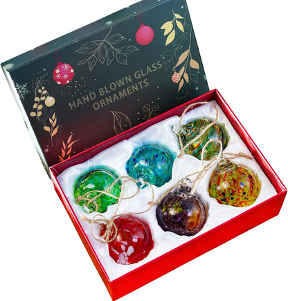 QFkris 6 Pack Hand Blown Glass Ornament for Christmas Tree, 2.3" Hanging Gazing Ball Witch Balls Glass Friendship Gift for Indoor Window Garden Outside Home Decor for Women