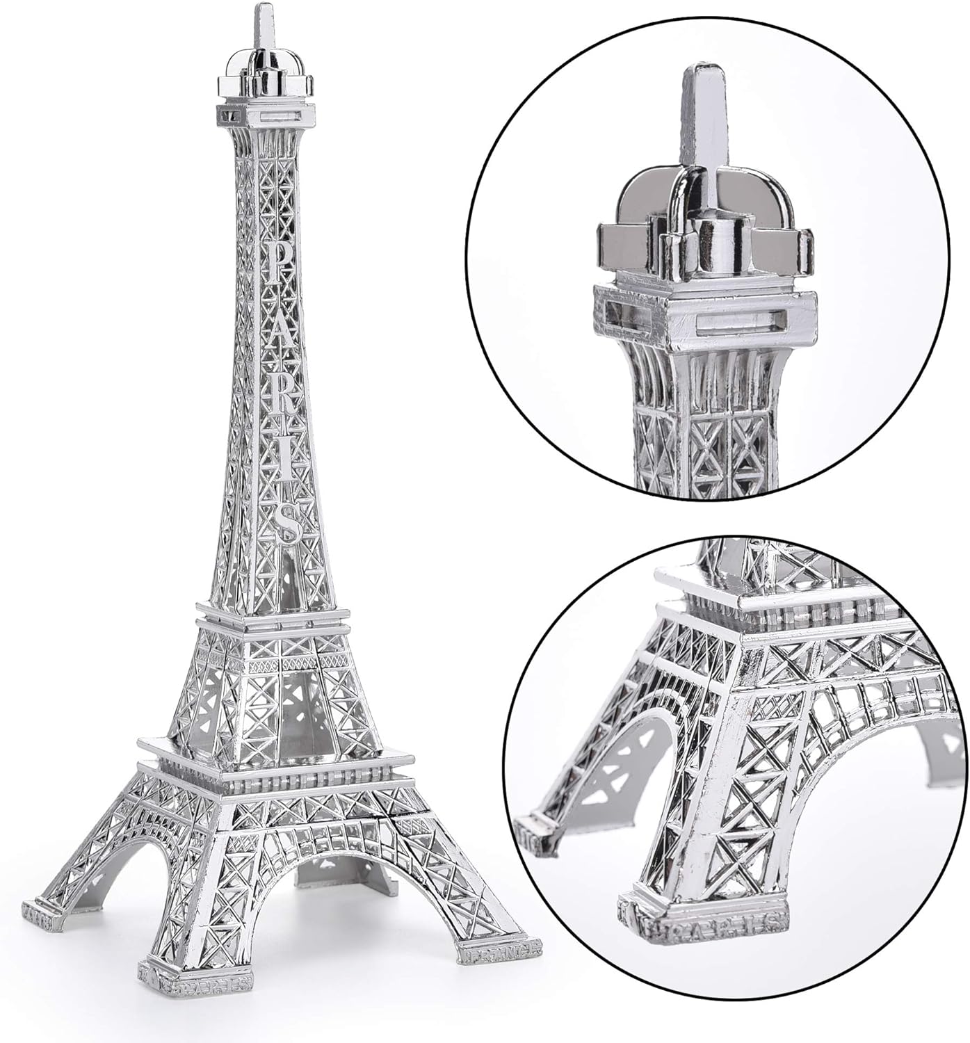 ESHATO Silver Metal Eiffel Tower Statue, 7inch Decorative Figurine Replica Stand Holder for Cake Topper Table Decor Gift Party Home Decoration